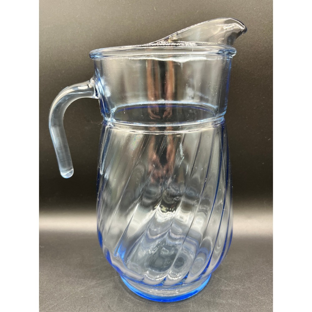 Vtg Anchor Hocking Light Blue Swirl Optic Glass Pitcher 9" Beverage Serve Carafe